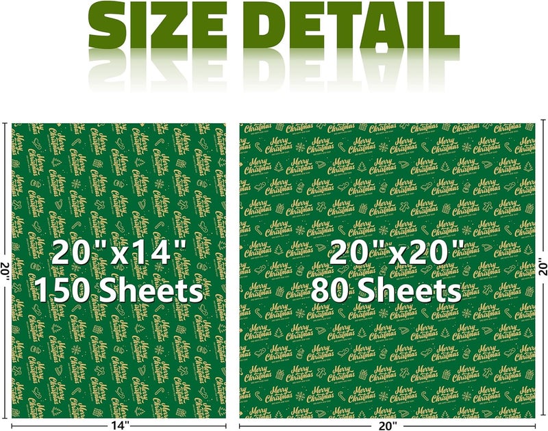 Bobobag 150 Sheets Christmas Tissue paper for Gift bags,20 x14“ Wrapping paper for Holiday decorations, 8 Festive Designs with Snowflakes, Reindeer & Gold Merry Christmas Motifs - Image 3